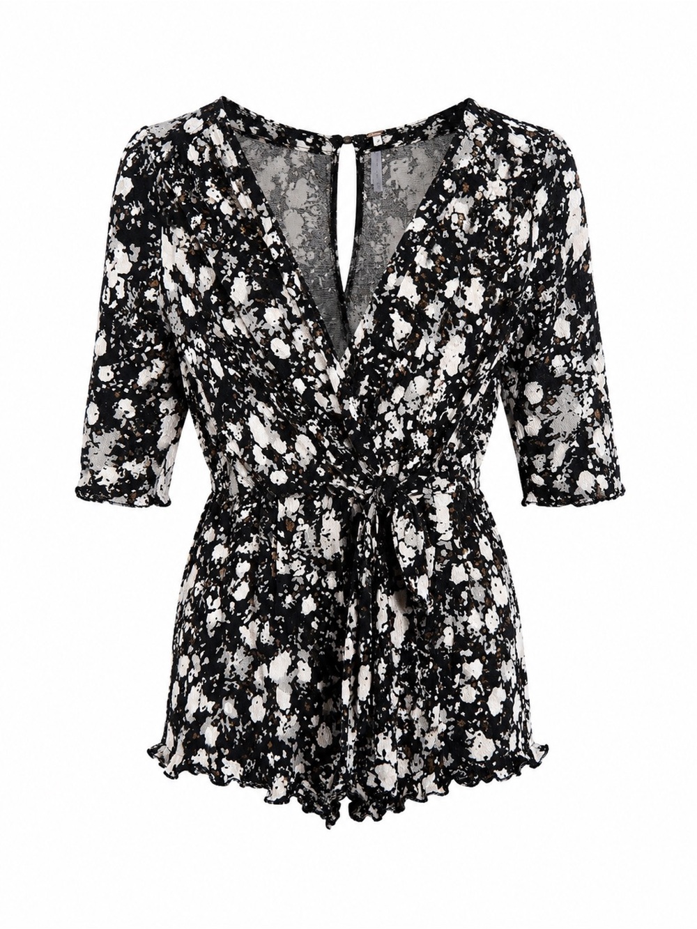 Free People Black and Cream Floral Romper